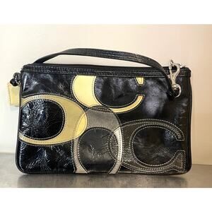 Vintage Retro Coach Black Multi Color Logo Wristlet Wallet Purse Clutch
